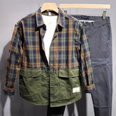 Hearujoy Spring And Summer Casual Shirt For Men Retro Japanese Style Simple Comfortable Spliced Long-Sleeve Loose Plaid Cargo Shirt