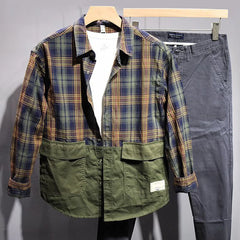 Hearujoy Spring And Summer Casual Shirt For Men Retro Japanese Style Simple Comfortable Spliced Long-Sleeve Loose Plaid Cargo Shirt