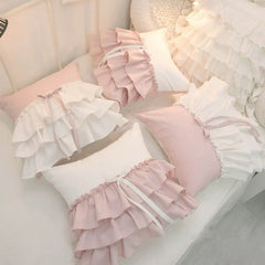 YICKYUE - New Korean Style Ruffle Pillow Lace Bow Dormitory Hug Pillow Detachable Home Decoration Bedroom Girl Creativity Handmade Pillow