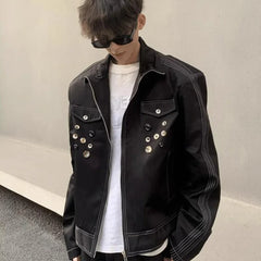 HEARUJOY - Spring Retro Irregular Button Mens Jacket Shoulder Pad Design Trend High Street Coats Motorcycle Fashion Stand Collar Outwear