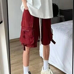 HEARUJOY - Men Clothing Trendy Vintage Japanese Style Streetwear Y2K Loose Cargo Shorts Summer Casual Solid Multi Pockets Short Baggy Pants