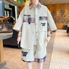 HEARUJOY - Summer Men's Casual Set Single Breasted Short Sleeve Shirt Shorts 2 Piece sets Loose Fashion High Quality Sweatshirt Suit