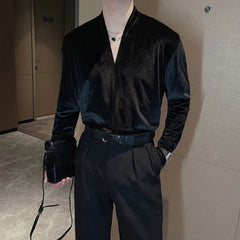 YICKYUE - Retro Velvet Shirt For Men Spring Autumn V-neck Long Sleeve Versatile Top Fashion Light Luxury Vintage Mature Shirts Streetwear