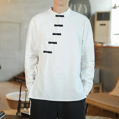 Hearujoy Spring and Autumn New Oriental Men's Shirt Hanfu Chinese Top Cotton Hemp Street Casual Vintage T-shirt