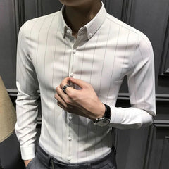 HEARUJOY - Trendy Handsome Men's Shirt Long Sleeve Non Iron New Casual Korean Vertical Stripe Slim Fit Black Business