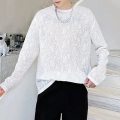 Hearujoy Mens Lace See-Through Jacquard Long-Sleeved Top 2024 New Fashion Sexy Nightclub Youth Personality Versatile Thin T-Shirt For Men