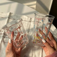 YICKYUE - Bow Glass Cup Cute Water Cup Cartoon Bow Glass Cup Striped Cute Doodle Coffee Mug Household Fruit Tea Lemonade Girls Gift
