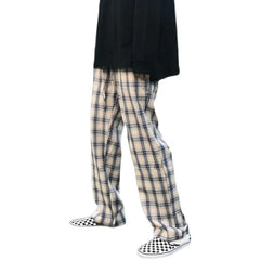 HEARUJOY - High Waist Straight Leg Sport Pants ex Casual Loose Fit Long Trousers Spring Autumn Plaid Wide Leg Pants Casual Wear
