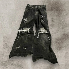 Hearujoy New Black Ripped Baggy Jeans Goth Retro Y2k Denim Pants Men and Women Casual Hip Hop Straight Wide Leg Trousers Streetwear