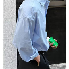 Hearujoy 2024 New Korean Fashion Light Blue Shirt Men Long Sleeve Solid Color Simple Lapel Button Pocket Loose Casual Mens Shirts