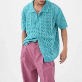 Hearujoy Mens Sexy Hollow Casual Knitted Shirt 2024 New Genderless Fashion Simple Versatile Vacation Thin Short-Sleeve Shirt Unisex