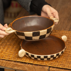YICKYUE - Vintage Style Chessboard Pattern Ceramics Double Ear Noodle Bowl Breakfast Bowl Fruit Salad Plate Soup Bowl Creativity Tableware