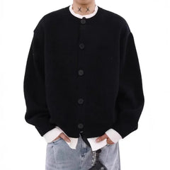 HEARUJOY - American Retro College Style Button up Cardigan Sweater Men Autumn Winter Lazy Trendy Loose Knitwear Fine Yarn Other Material