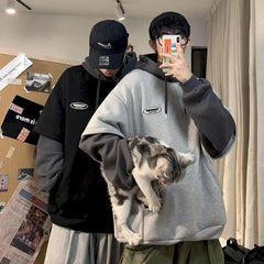 Hearujoy Hoodies men fake two-piece sweatshirt autumn stitching Korean loose contrast color hooded long-sleeved black white gray design