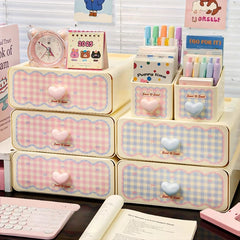 YICKYUE - Kawaii Cream Stationery Storage Box Organizer Large Capacity Student Dormitory Sundries Cosmetic Drawer-style Storage Rack Stack