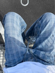 HEARUJOY - Blue Plaid Jeans Men's Summer American Retro Thin Straight Leg Narrow Version Slimming Micro Flared Pants Casual Loose Fit