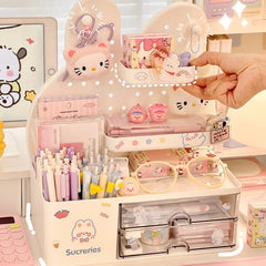 YICKYUE - Desktop Hole Board Storage Box Desk Organizer Girls Cute Pen Holder Storage Stationary Rack Korean Kawaii Bunny Cosmetic Shelf