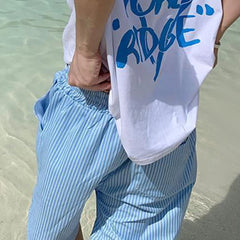 Hearujoy Mens Casual Blue Striped Drawstring Shorts 2024 New Genderless Fashion Comfortable Simple Versatile Resort Beach Shorts Unisex