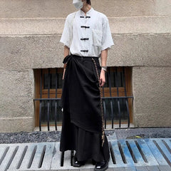 HEARUJOY - Men Japanese Double-Layer Irregular Casual Culottes New Genderless Fashion Splicing Solid Color Loose Wide-Leg Pants Unisex