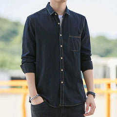 HEARUJOY - Fashion Korean Style Denim Shirt For Men 100% Cotton Long Sleeve Slim Fit Tops Spring Autumn Casual Denim shirts Plus Size 4XL
