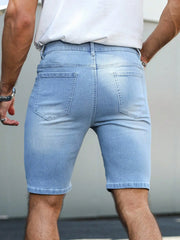 HEARUJOY - Blue washed men's denim shorts, featuring a casual style, with a length of knee-length shorts, suitable for summer wear.