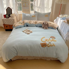 YICKYUE - Cute Cat Bear Bedding Set Towel Embroidery Soft Duvet Cover Set Leopard Bed Sheet Pillowcases Twin Queen King Bed Linen sets
