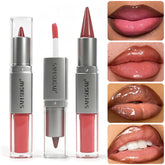 YICKYUE - 2 in1 Tapered Gradient Lipliner Pen Nude Brown Mirror Glass Lip Gloss Waterproof Lip Contour Matte Lip Liner Non Stick Makeup