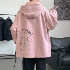 HEARUJOY - Men's Oversized Jackets Cotton With Hat Man Cat Print Coat Casual Wear Autumn 5XL Safari Style Jacket For Men Fashion Outerwear