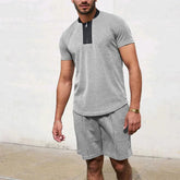 HEARUJOY - Men's Tracksuit 2 Piece Set Waffle V-neck Zipper Short Sleeve T Shirt And Shorts Summer Casual Fashion Sport Suit Man Clothing