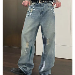 HEARUJOY - Street Graffiti Mens Jeans Autumn High Street Color Blocked Washed Wide Legs Cowboy Pants Loose Straight Tube Denim Trousers