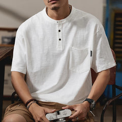 HEARUJOY - Summer Men Heavyweight Short Sleeve T-shirt High Quality Sold Color Button Slim-Fit Henley T-Shirts with Pocket