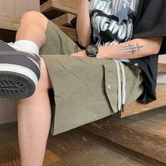 HEARUJOY - Baggy with Draw String Half Elastic Waist Mens Cargo Shorts Solid Loose Pockets Wide Short Pants for Men Long Bermuda New in Y2k