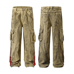 Hearujoy Ankle Flame Embroidery Straight Loose Cargo Pants for Men High Street Pockets Casual Denim Trousers Oversized Unisex Jeans