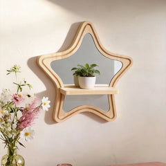 YICKYUE - Star Shaped Wooden Wall Shelf with Mirror,Wall Mounted PlantDisplay Rack for HomeDecor,PremiumOrnament for Bedroom&AestheticRoom