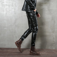 Hearujoy 2024 PU leather men's black leather rope plus velvet leather pants punk style men's motorcycle pants slim fit personality simple
