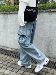 HEARUJOY - Baggy Jeans Men's Oversize Streetwear Fashion Wide Leg Cargo Pants Hip Hop Harajuku Multi-Pocket Denim Trousers Black Blue