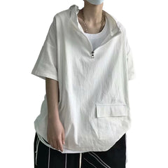 HEARUJOY - Pullover Men Tops Hoodie Loose Pocket Polyester Casual Harajuku Hip Hop Hooded Short Sleeve Solid Color Sweatshirt