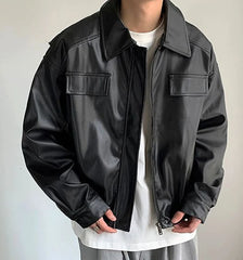 HEARUJOY - Men's Casual Texture PU Leather Jacket High Street Zippers Turn-down Collar Long Sleeve Retro Coat with Pocket Spring Autumn