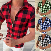 HEARUJOY - Fashion Plaid Printed Shirts For Men Slim Fit Short Sleeved Zipper Cardigan Top Summer Leisure Tshirt Streetwear Mens Clothing