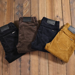 HEARUJOY - Autumn and Winter Men's Corduroy Casual Pants Business Fashion Elastic Regular Fit Stretch Trousers Male Black Khaki Coffee Navy