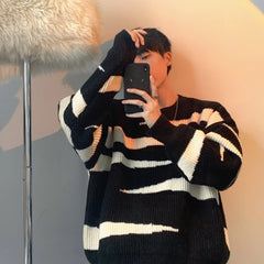 HEARUJOY - Men Knitted Loose Fit Male Jumpers O Neck Long Sleeve Striped Sweaters Pullovers Winter High Street Slight Strech Basics