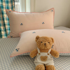 YICKYUE - 3/4PCS Ins Peach Bedding Set Grey Grid Cherry Embroidery Shell Seam Edge Double-layer Yarn Super Soft Comfortable Bedroom Decor