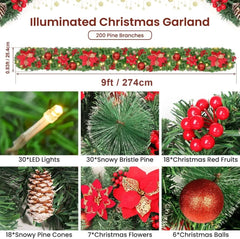 YICKYUE - 2.7M Christmas Garland Decorations with Lights, Christmas Wreath for Home Party Front Door Fireplaces Stairs LED Rattan Garland