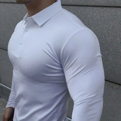 HEARUJOY - Korean Autumn Casual Fitness Polo Shirt Men Solid Button Slim Elastic Versatile Sports Breathable Quick Drying Long Sleeved Tops