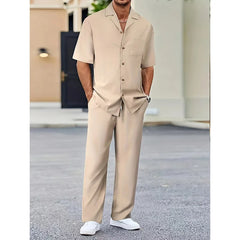 HEARUJOY - Summer Men Casual Two Piece Sets Blouse and Solid Basic Pants Suit Male Beach Tracksuits Solid Loose Suits For Male Outfits