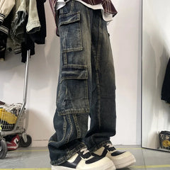 Hearujoy Men's Patchwork Blue Cargo Jeans Unisex Straight Casual Trousers Men Muti-pockets Hip Hop Streetwear 90s Vintage Fashion Pants