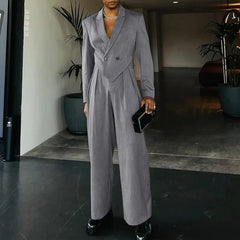 Hearujoy Mens Casual Blazer Wide Leg Pants Suit Autumn Winter Genderless Fashion Business Solid Color Loose Lapel Two-Piece Set Unisex
