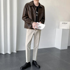 Hearujoy 2024 Men's Loose Pu Leather Jackets Casual Handsome Leather Coats Black/Brown High Quality Popular Outerwear M-2
