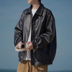 HEARUJOY - Vintage Wash PU Leather Jacket Unisex Warm Autumn Spring Outfit Streetwear Functional Loose Coat with Modern Design