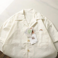 HEARUJOY - Japanese Linen Tops Summer Korean Style Men's Embroidered Loose Casual Cuban Collar Short-sleeved Shirt Aesthetic Academy Chic